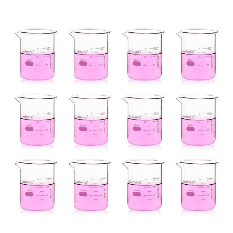 Labvida 12pcs 200ml Upgrated Thick Form Glass Beakers, Griffin Low Form Beaker Set with Double Scale, 3.3 Boro, LVA008 - Image 1